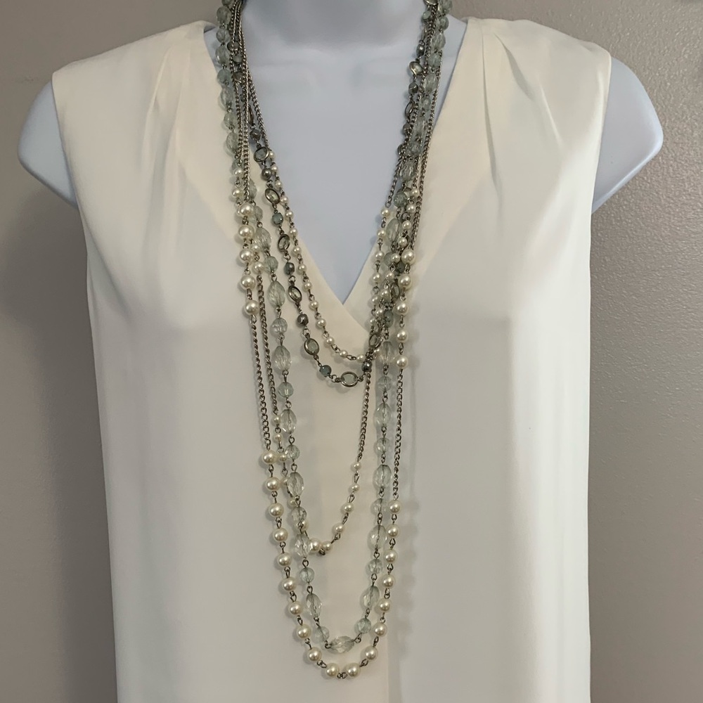 Elegant Silver, light Green and Pearl Layered Necklace